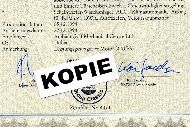 Certificaat BMW M5 E34 400 pk 