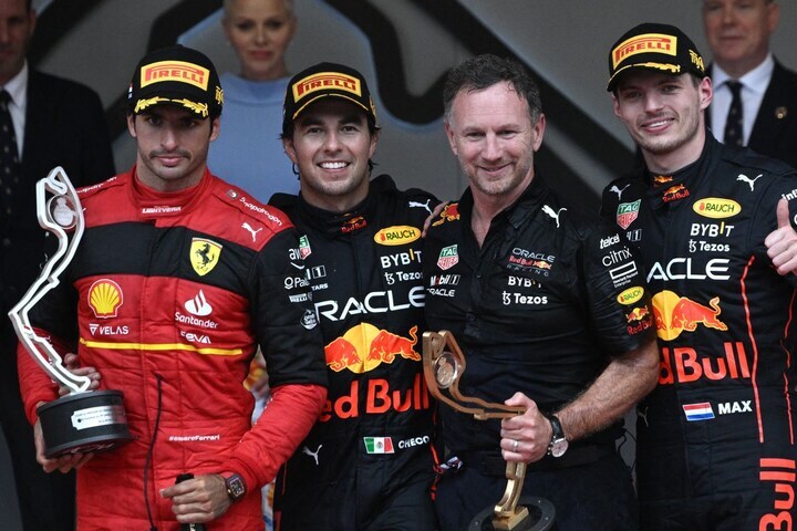 Sainz, Pérez, Verstappen, Horner Monaco GP (ANP)