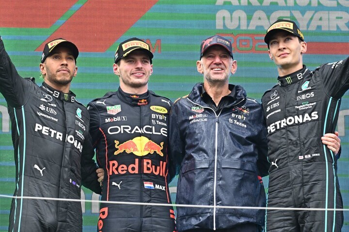 Verstappen, Newey, Hamilton en Russell (ANP)