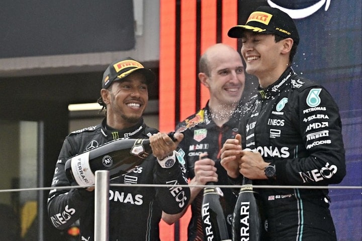 Lewis Hamilton en George Russell Mercedes F1 (ANP)