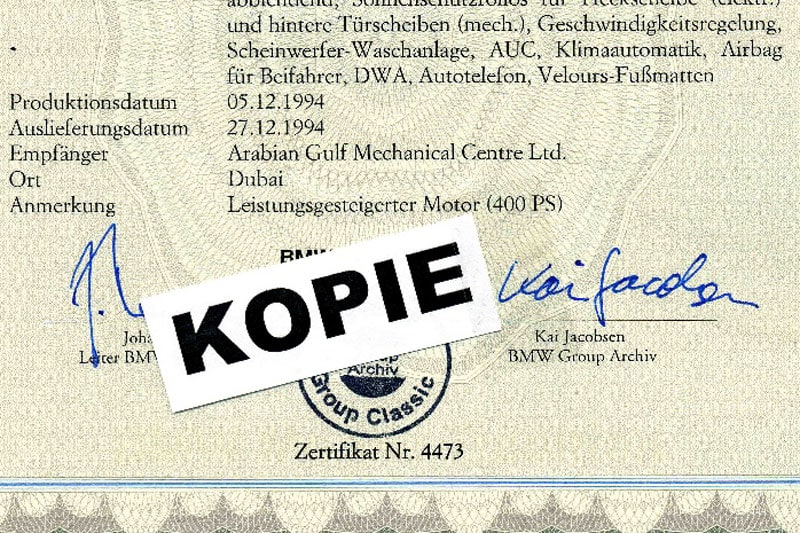 Certificaat BMW M5 E34 400 pk 