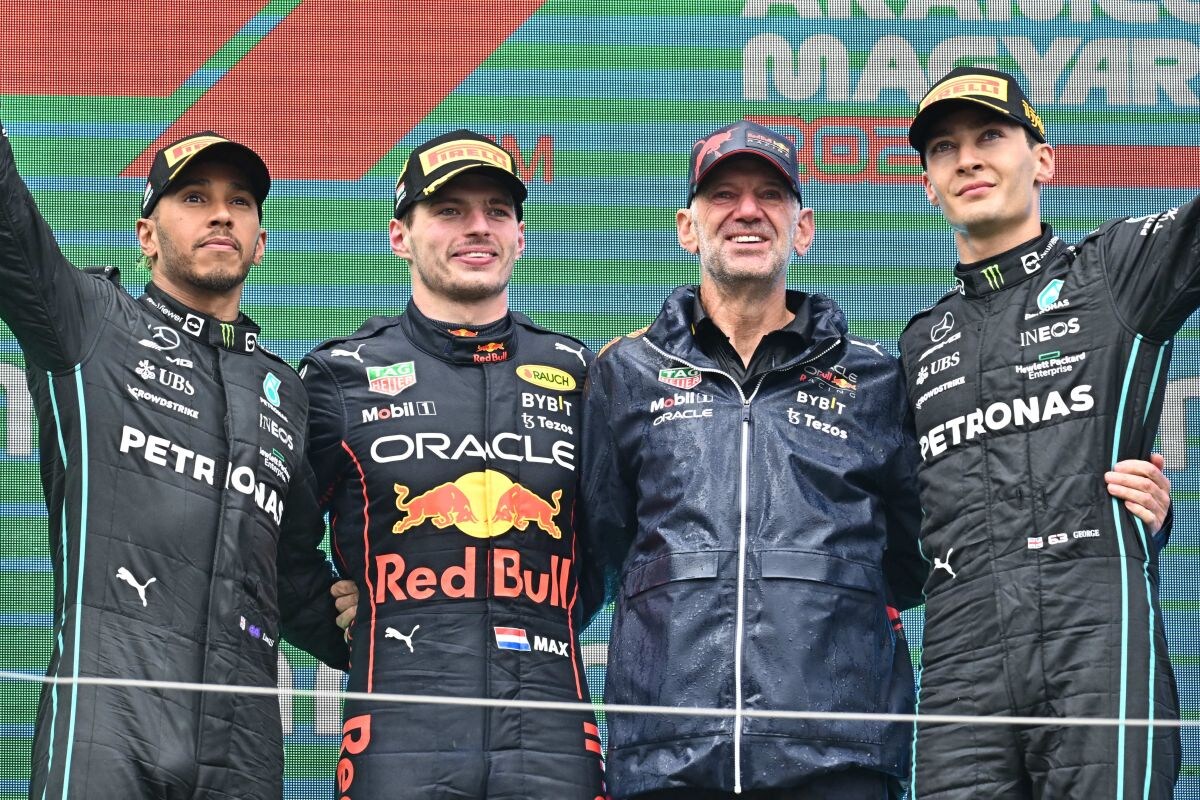 Verstappen, Newey, Hamilton en Russell (ANP)