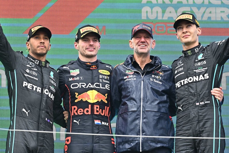 Verstappen, Newey, Hamilton en Russell (ANP)