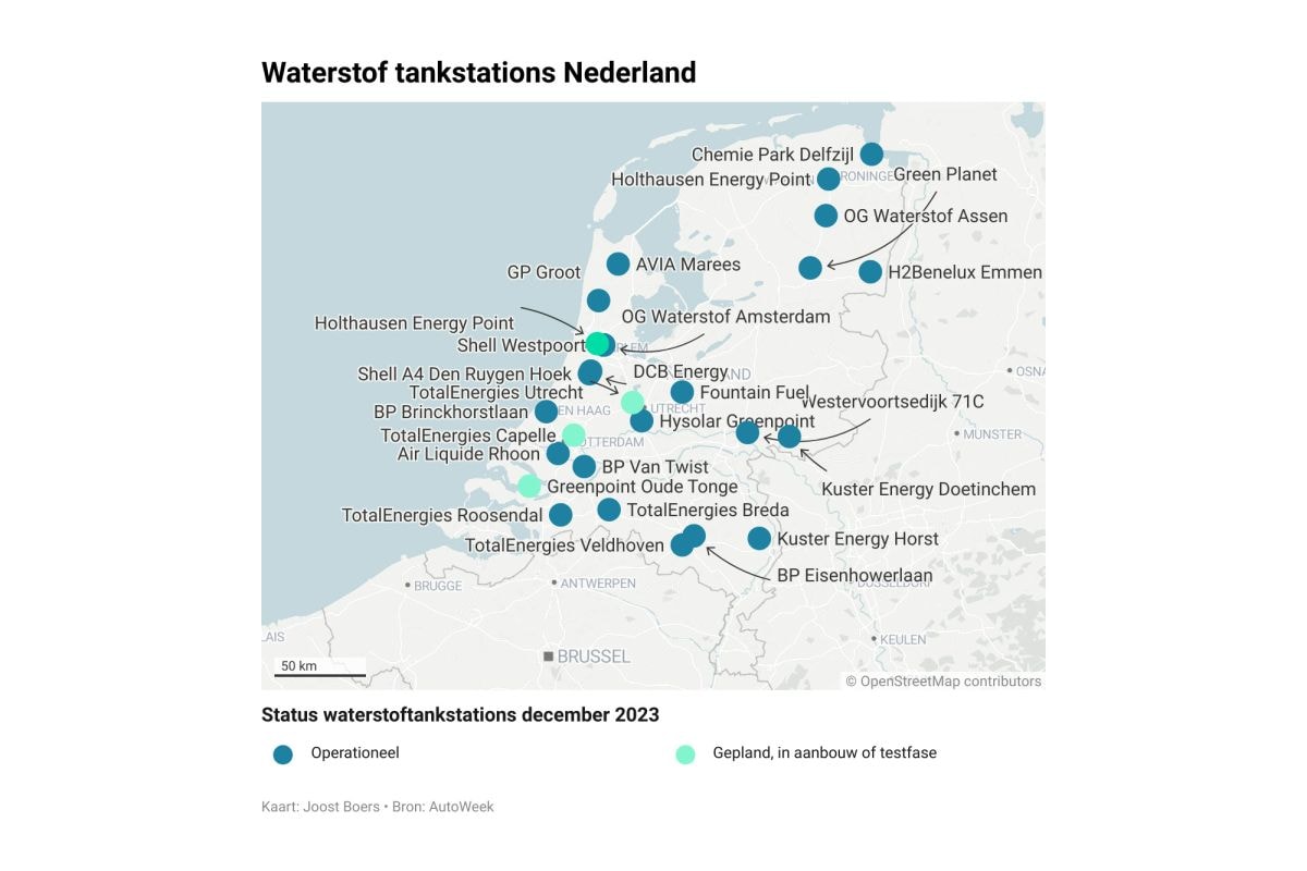 Waterstoftankstations Nederland, status december 2023