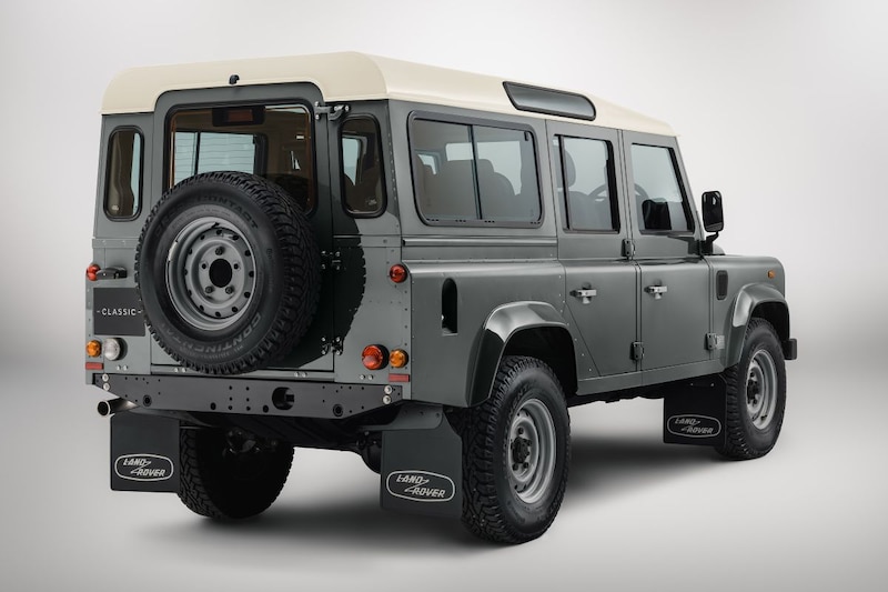Classic Defender Works V8 DAKTARI Edition — 110 rear-right quarter: spare, glazing, lamps and CLASSIC display plate. Linked only.
