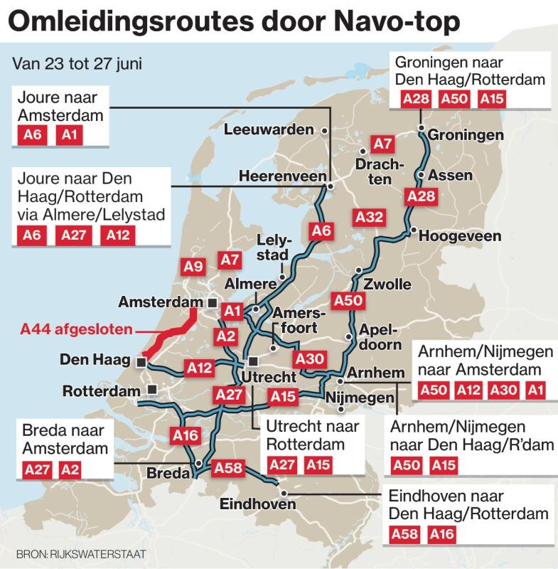 Wegen die afgesloten zijn wegens Navo-top
