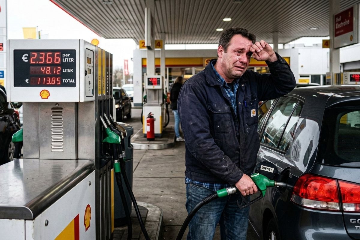 Huilende man, diesel tanken benzinestation pompstation